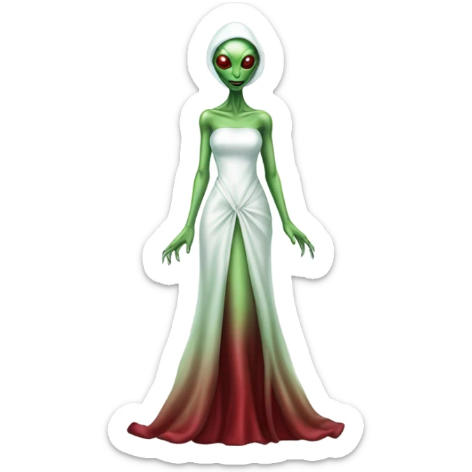 reptilian green alien woman, in( long slim pastel color:#FFFFFF formal party satin dress with gradient shiny sparkling color:#800000), full figure, full body sticker