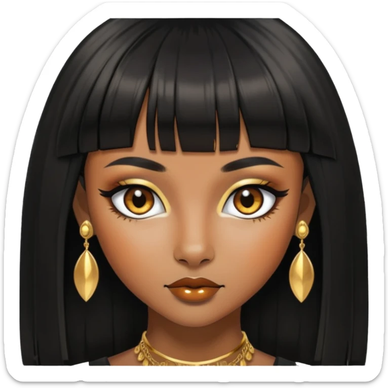 brownskin girl, fox eyes, black straight hair with bangs above eyebrowns, golden accessories sticker