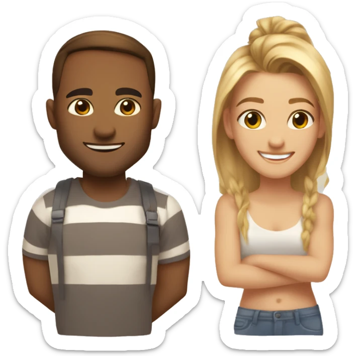 Woman an man smiling, woman slighlty sunkissed, Brown straight hair in a ponytail, man is taller man, sunkissed, blonde hair in a ponytail sticker