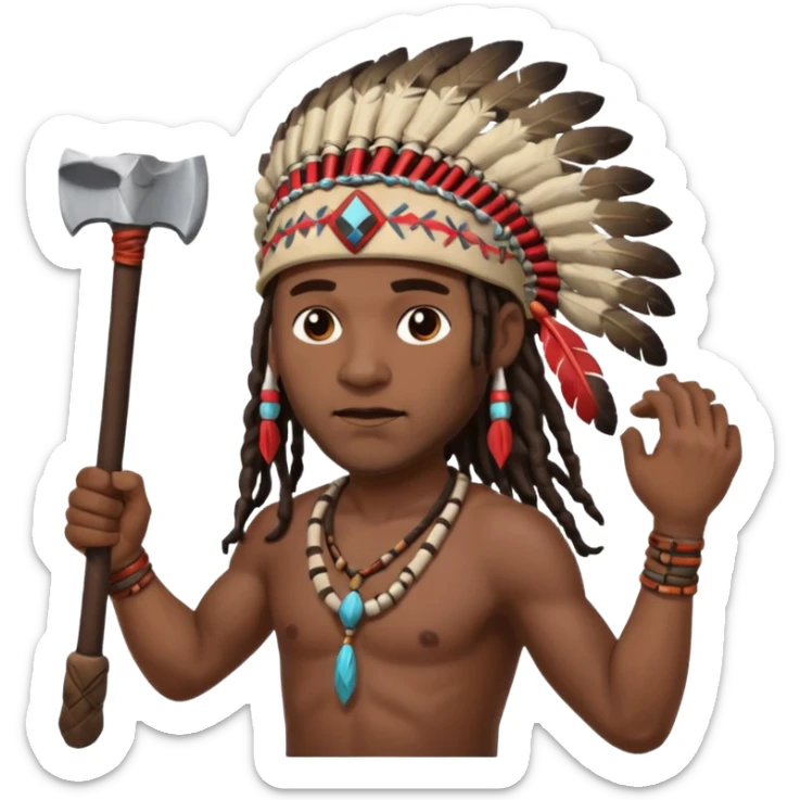 Black American man dark brown with dreads with a American Indian headdress throwing a axe sticker