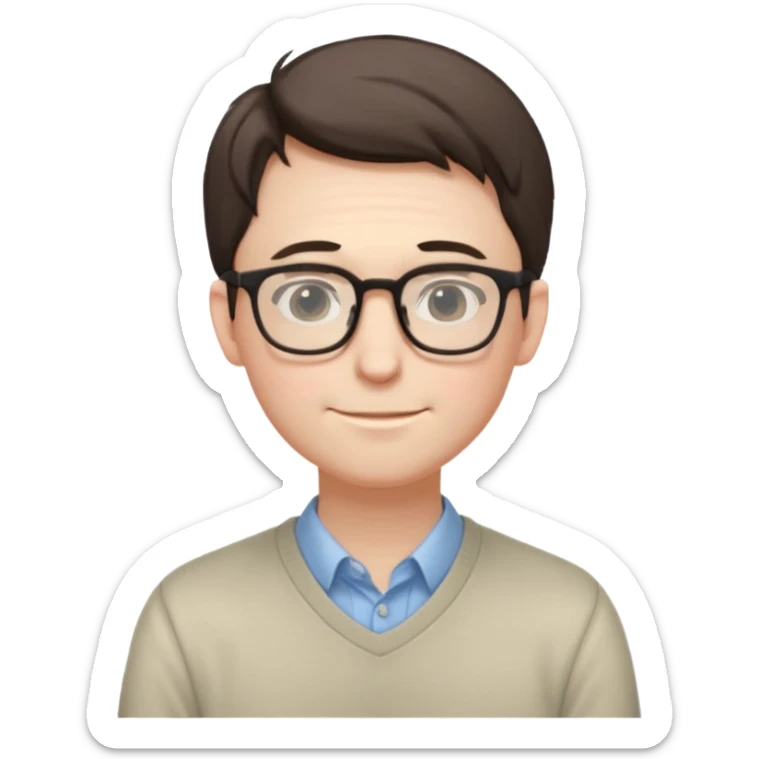 Timid adult male, pale skin, slim, soft features, glasses, slightly hunched posture, shy smile, casual nerdy clothes, small subtle blush, readable at small size, distinct from all other roles sticker