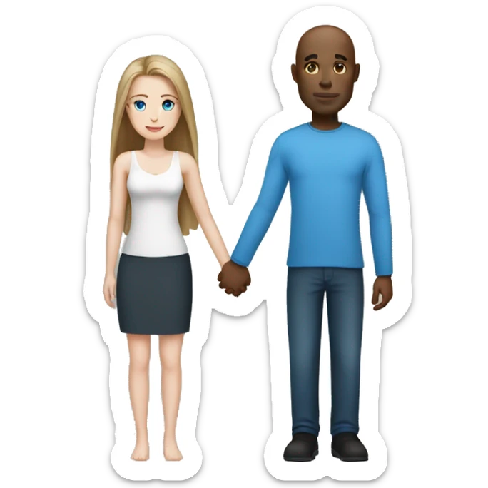 Bald black man holding hands with a white woman with long dark hair and blue eyes sticker