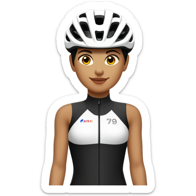 Ciclista MUJER de piel morena clara de contextura delgada estatura alta con zapatillas de ruta blancas licras negras y maillot blanco casco blanco sticker