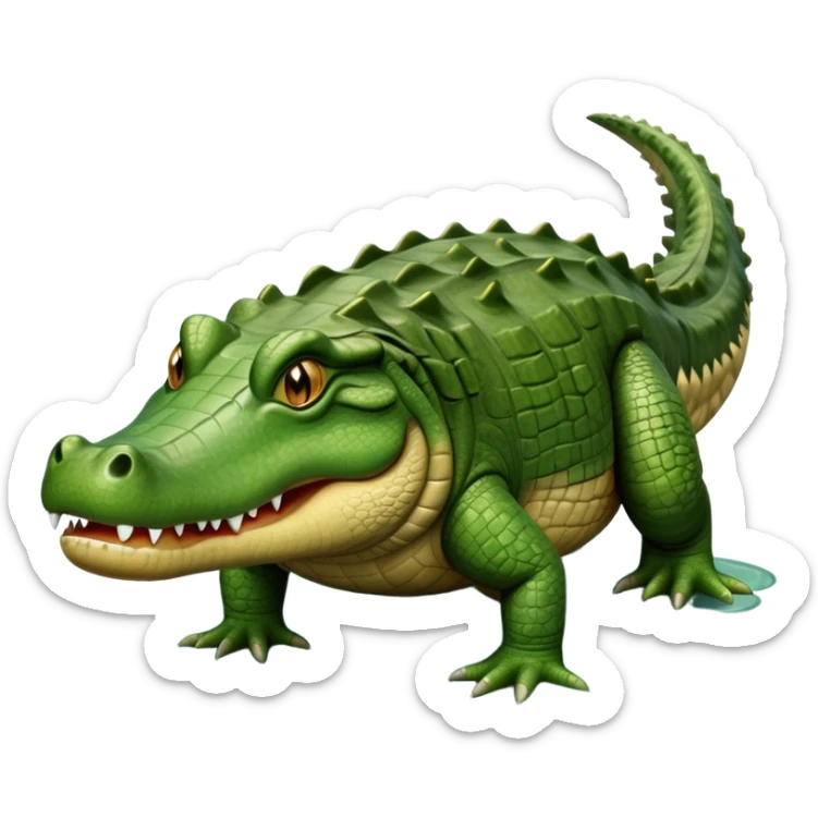 cinematic-crocodile-realistic-full-body-on all fours-emoji,-massive-scaled-body-partially-submerged-in-shallow-water,-head-tilted-dramatically,-rough-green-and-brown-hide-textured-with-deep-ridges,-simplified-yet-realistic-focused-features, head held high sticker