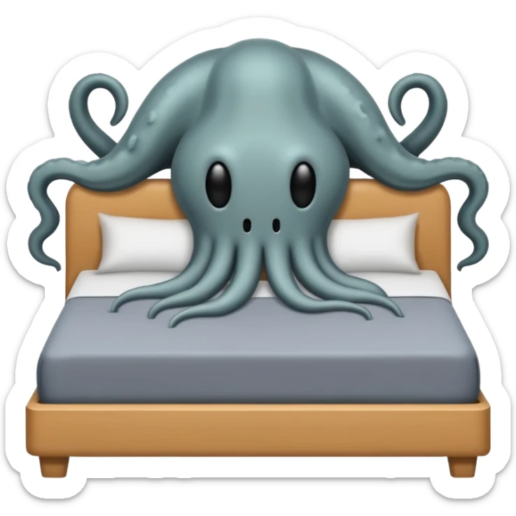 Minimalist emoji-style sticker of a bed with a covered figure and something strange peeking out from underneath. Grayscale only, simple icon.

 sticker