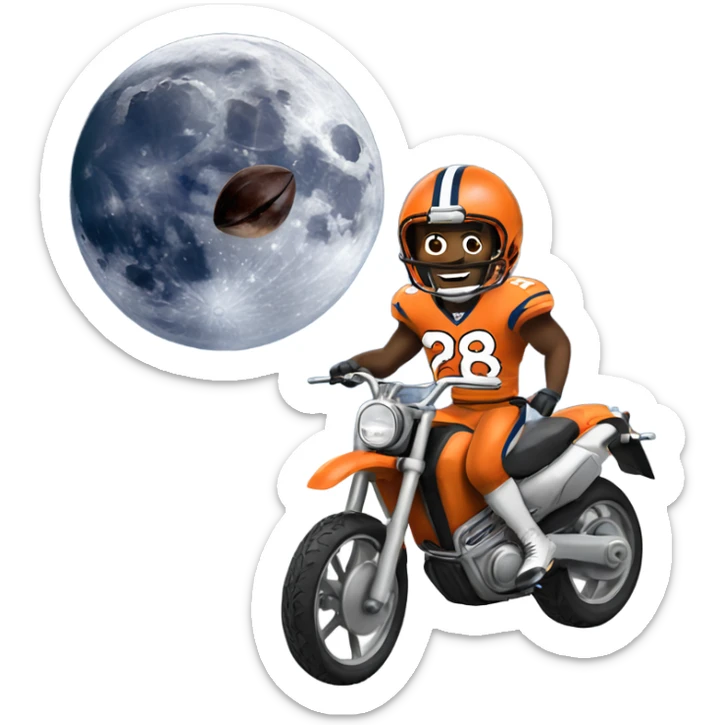 Broncos player holding up Lombardi riding a motorcycle on top of the moon sticker