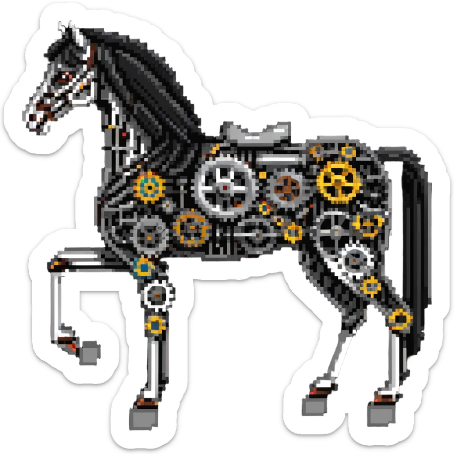 Horse constructed from mechanical parts, gears, cogs, wires, and ropes, steampunk aesthetic sticker
