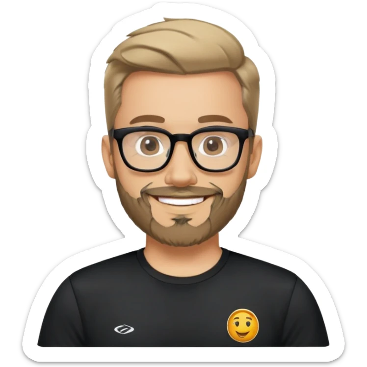 Man with light skin, full facial beard, short upswept hair, large black-framed glasses, smiling face, black sports fabric shirt sticker