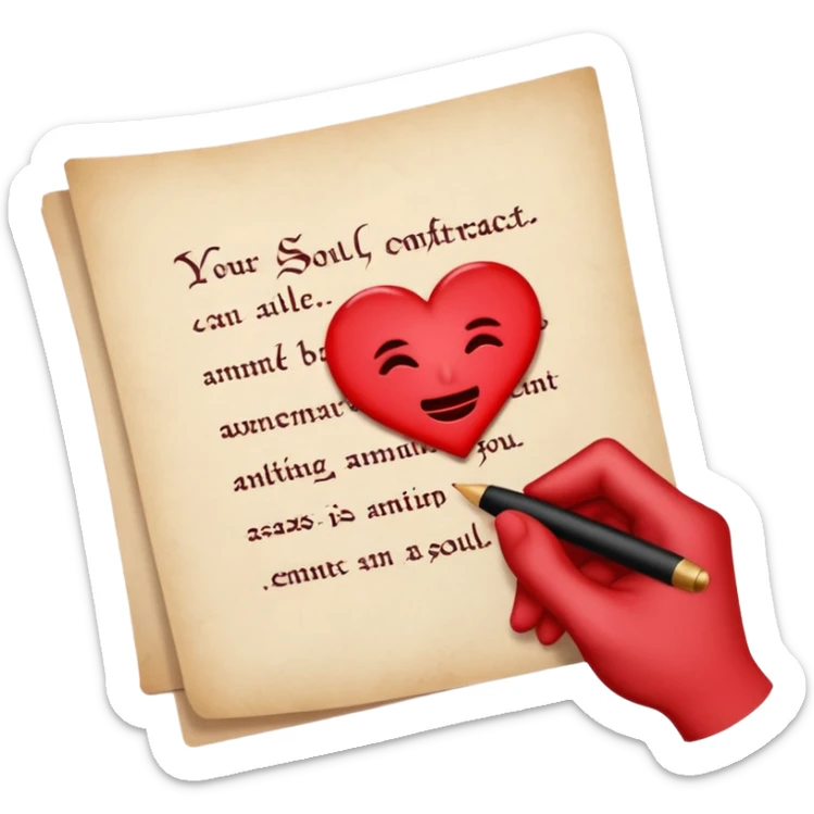 Minimalist emoji-style sticker of a pale hand signing a parchment contract titled “YOUR SOUL” in gothic font, muted red ink, grayscale background sticker