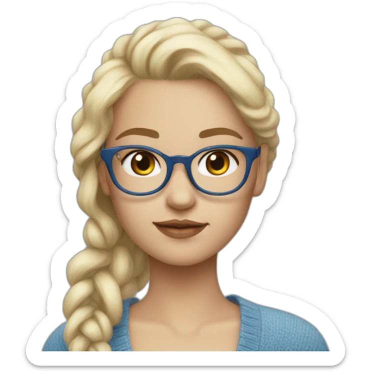 a blonde girl, 23 years old, with  white transparent glasses, very cute, with blue cardigan with clouds sticker