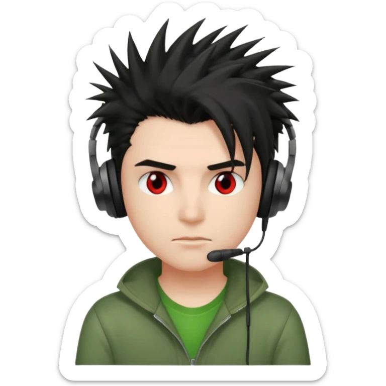 chico pelo medio largo ojos rojos y una camisa verde pelo tipo spike y unos audifonos pelo negro y mas voñuminoso sticker