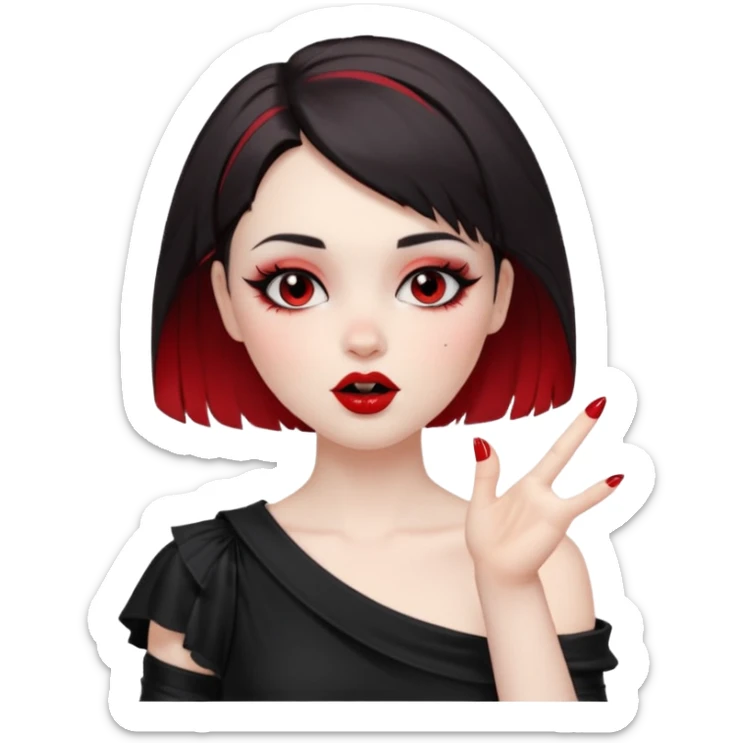A girl with goth makeup and short hair( dark brown and bottom of hair red) winking and blowing kiss while raising one shoulder.  sticker