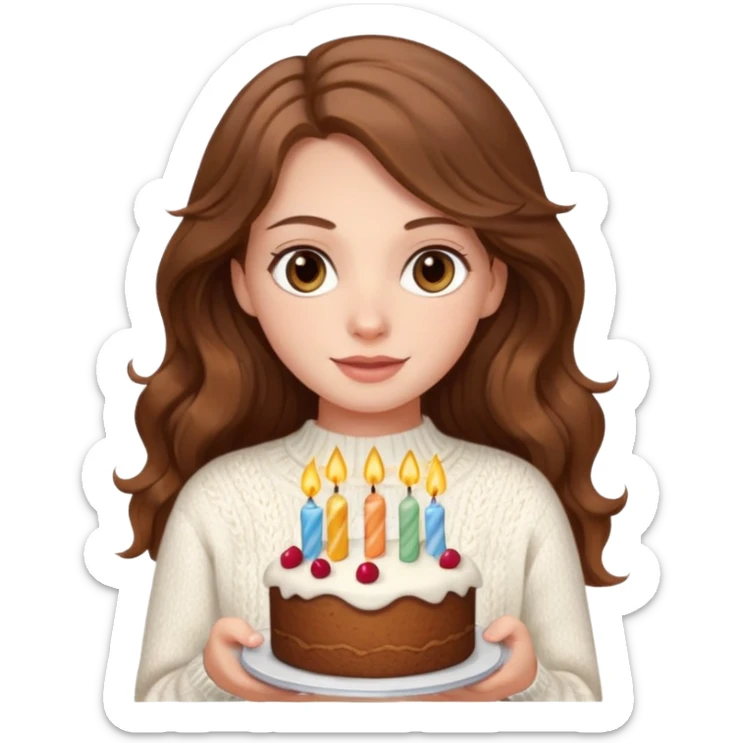 A pretty white girl with hazel brown eyes and long brown wavy hair in a cosy white knit sweater, she is celebrating her birthday sticker