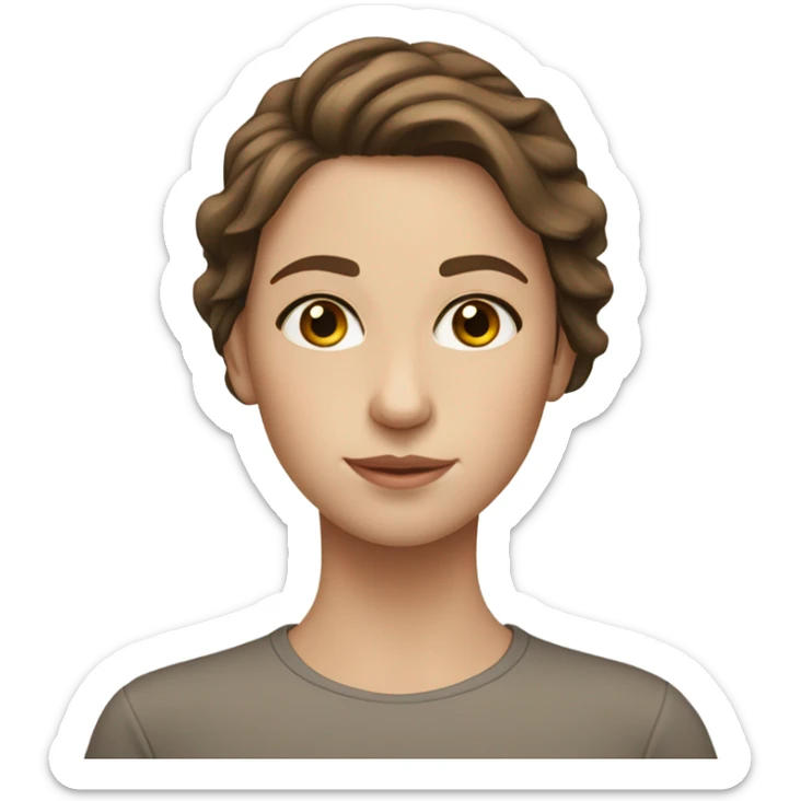 A beautiful girl with medium brown hair, hazel eyes, white skin, and a small nose sticker