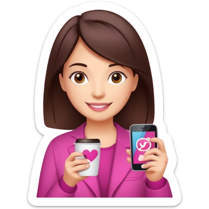 Social media manager. She has dark brown hair, brown eyes, a friendly smile. She is holding a smartphone and a coffee cup. Include subtle marketing elements like small icons of hashtags or a speech bubble, instagram logo. Use vibrant colors with a focus on pink and fuchsia tones. sticker