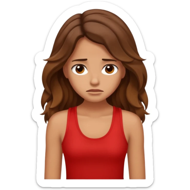 generate a pretty tan bratz girl with brown wavy hair long wearing a red tank top looking sad sticker