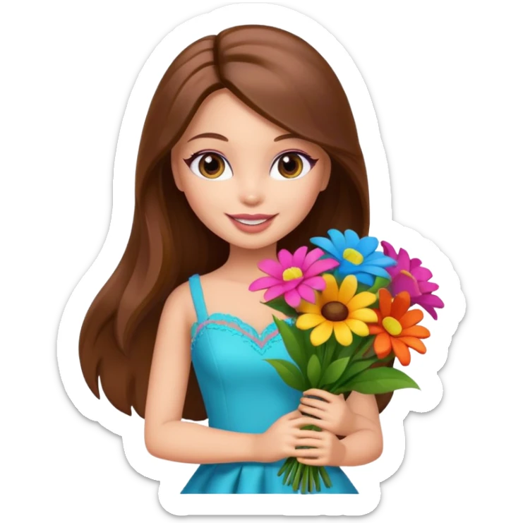  pretty bratz doll, long brown hair holding big bouquet of flowers posing sticker