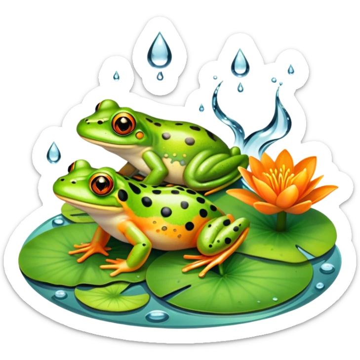 Icon for Amphibians: A colorful collage with various amphibians like a bright green frog sitting on a lily pad, a small salamander with orange spots, and a toad with bumpy skin. Water droplets around them and a pond in the background. Transparent background. sticker