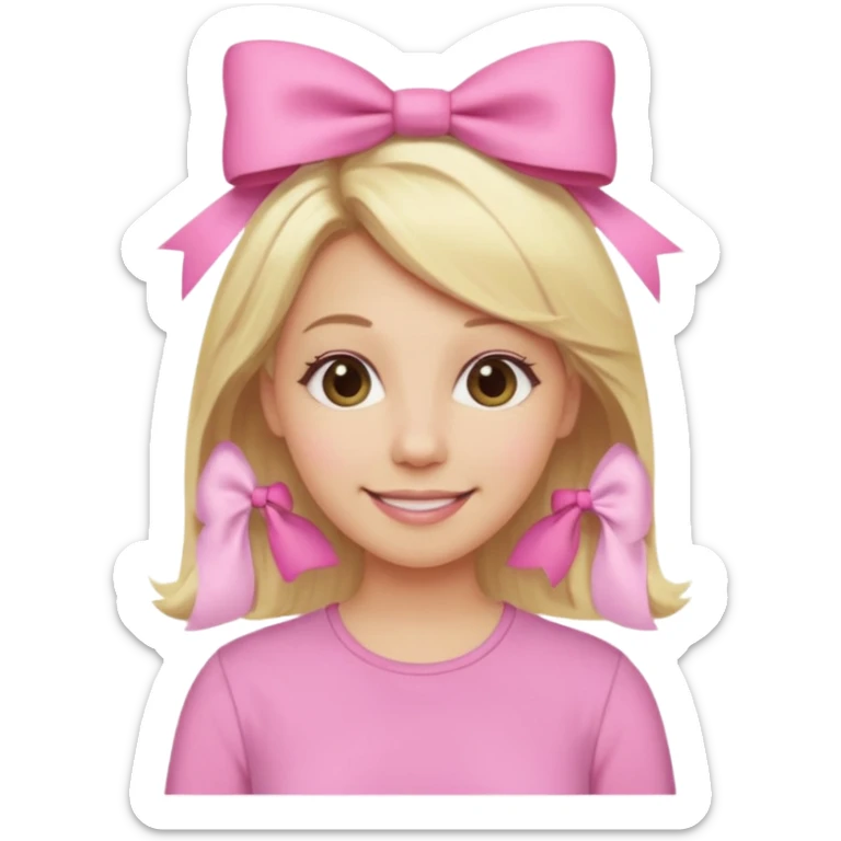 A mom with blonde hair and pink shirt coquett aesthetic style like bows and pink sticker