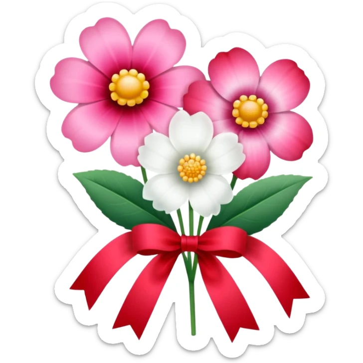 One pink flower and one white flower in transparent bouquet with red band  sticker