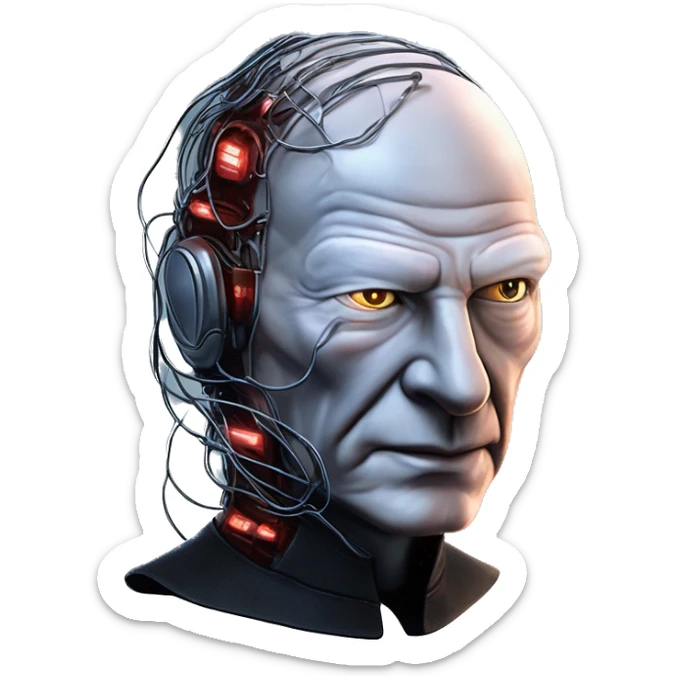 Jean luc picard from Star Trek assimilated by the Borg, with mechanical metal covering the left side of his face, with wires and a red light on the left side. His eyes are blue sticker