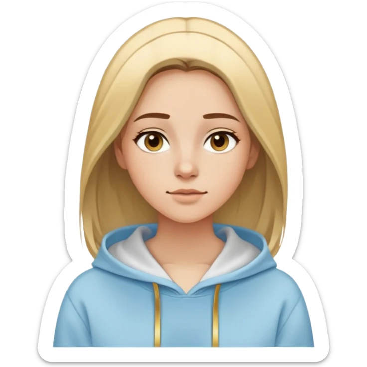 Woman with oval face, straight brown hair with blonde highlights parted to the side, dreamy expression, wearing a light blue hoodie with gold and white accents sticker