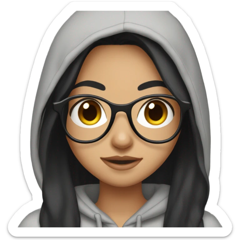 Pretty girl, Black long hair,big brown eyes,in a light grey hoodie,with a pair of black glasses  sticker