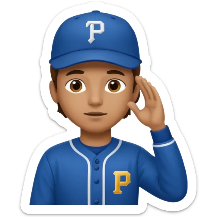Baseball player, hand to head salute, hat with P, blue uniform, tan skin sticker