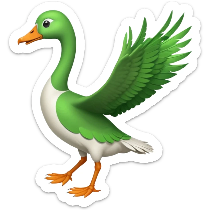 Emoji of a running goose with a very long neck and two legs. Use 🪿 shape but color it bright green (#39C700). The wings should be folded close to the body, not flapping. The legs should be clearly in a running motion, showing dynamic movement, not static. sticker