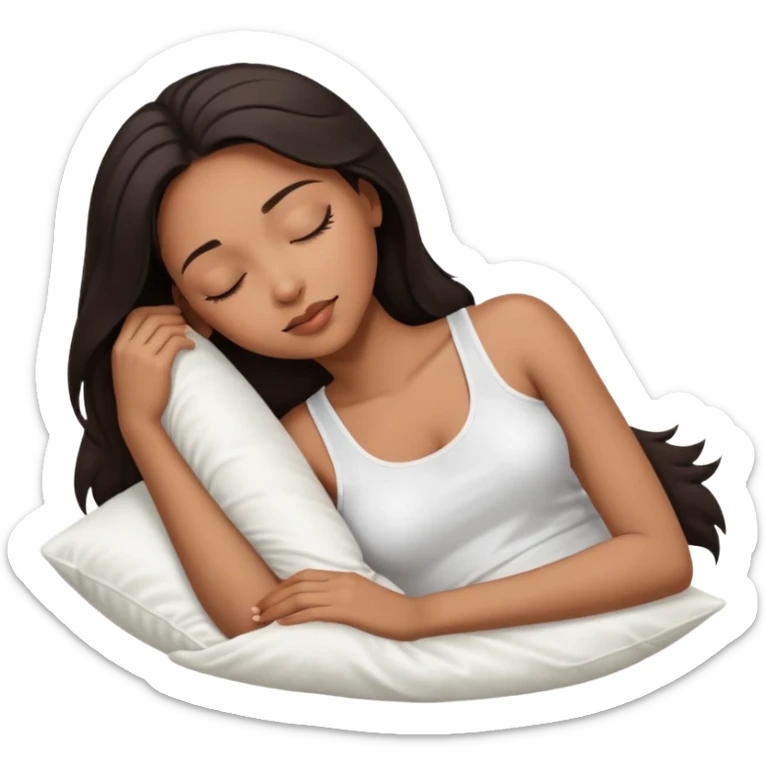 beauty african american woman, shoulder length dark hair,  sleeping laying on her side with a white silk pillow, she is wearing a white tank top sticker