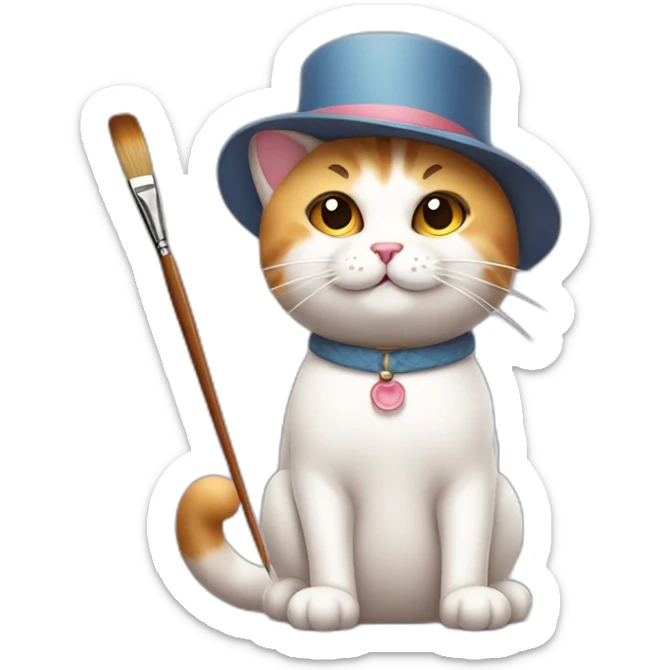 Kawaii cat artist in hat with palette and brush so it can be used as a mouse cursor sticker