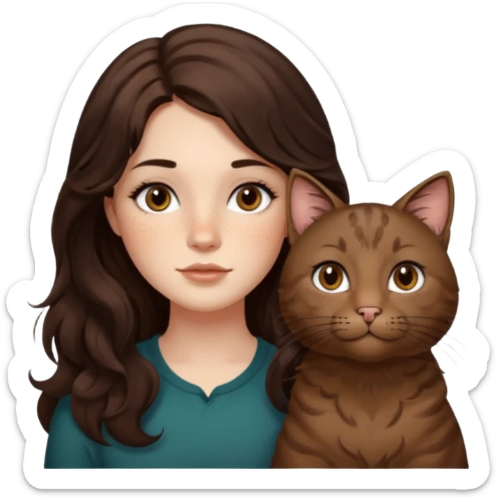 Uzun koyu kahverengi dalgalı saçlı, çenesinde beni olan ve yüzünde biraz çiller olan, iri koyu kahverengi bol kirpikli gözlü sevimli bir yüzü katlı kesim bir saçı olan kadın yap yanına da kilolu tamamen kahverengi bir kedi yap sticker