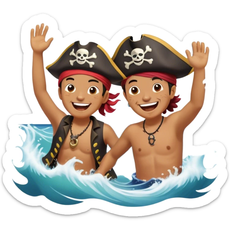 A person splashing in the ocean, laughing with a warm friend beside them. They’re playfully pretending to be pirates, fully immersed in the fun. The sun glows above, and the waves crash around them, symbolizing the joy of being present, creating fun, and appreciating the moment with the people  sticker