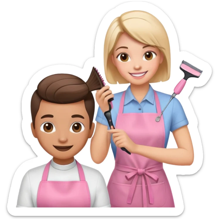happy woman in pink apron getting a haircut from smiling female hairstylist sticker