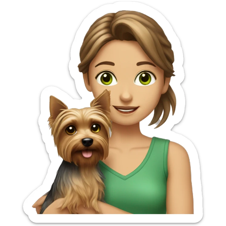 Girl with brown hair and green eyes is holding a silky terrier dog  sticker