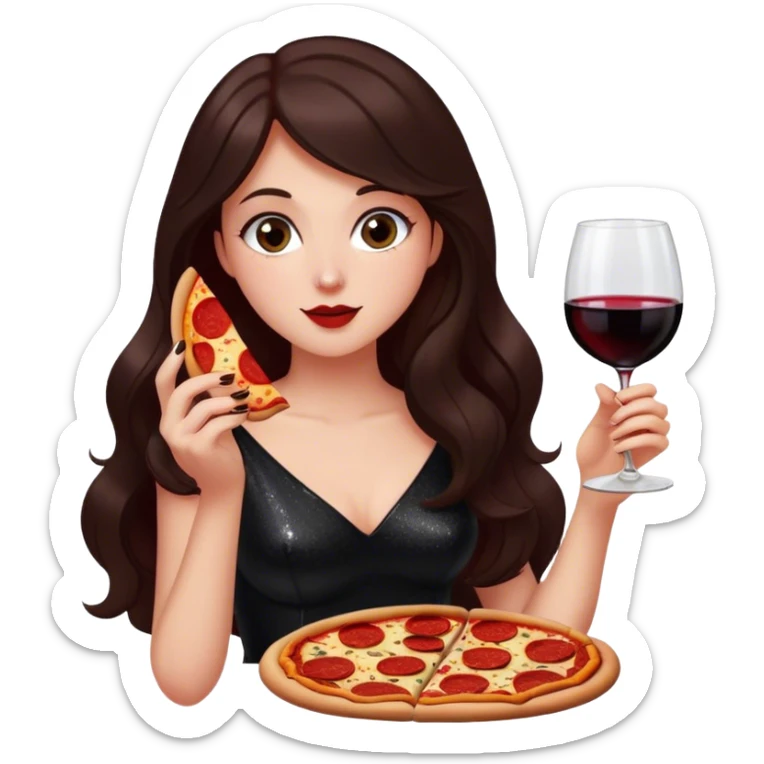 Beautiful woman in 1950’s woman fashion look, black shimmery dress, long dark brown hair, red wine, Pepperoni pizza sticker