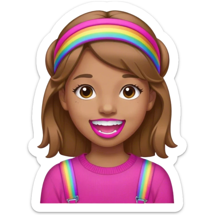 A girl with light brown hair. She is wearing a hot pink headband and has braces on her teeth. She is wearing a hot pink sweater with a rainbow on it. sticker