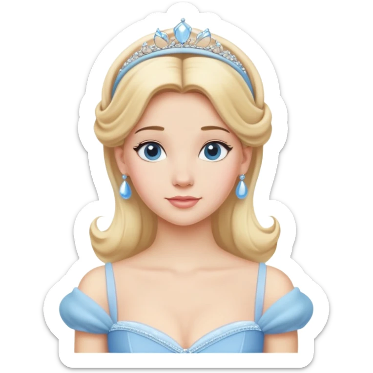 Cinderella from hips up, classic light blue ballgown, blonde hair with headband, minimal style but very recognizable sticker