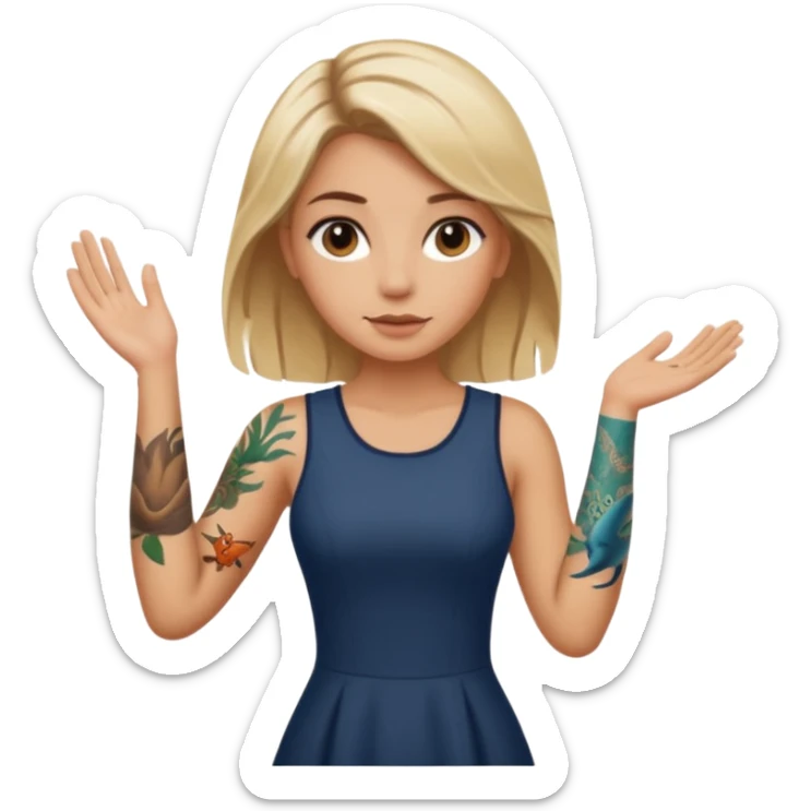 Blonde white girl with dark roots, sunkissed tan, and marine life tattoos on one arm wearing brown dress. Brown eyes sticker