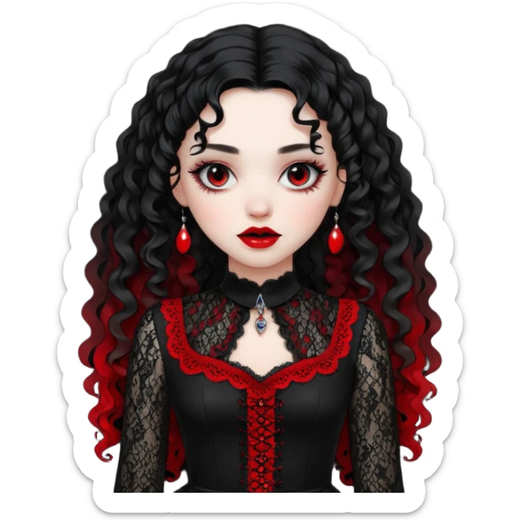 A girl with a red goth vampire look in a black and red goth lace dress with long sleeves and long black curly hair bold look on her face sticker