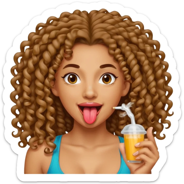 a mixed girl with long curly hair sticking her tongue out with spit sticker