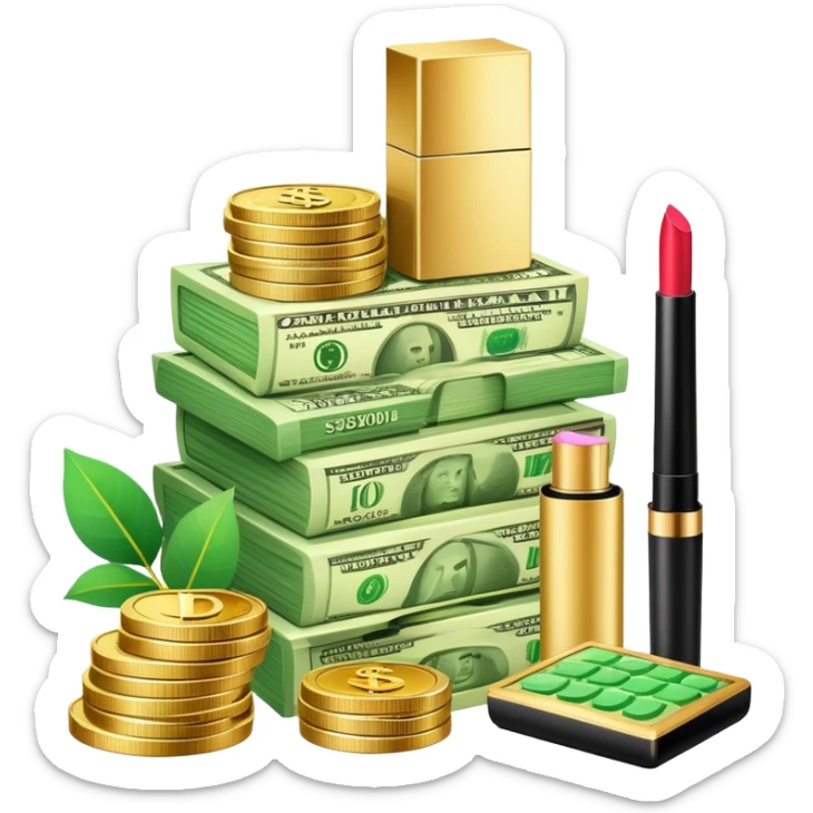 gold scale with a stack of green dollar bills and coins on one side and beauty products including lipstick, perfume, and makeup on the other sticker