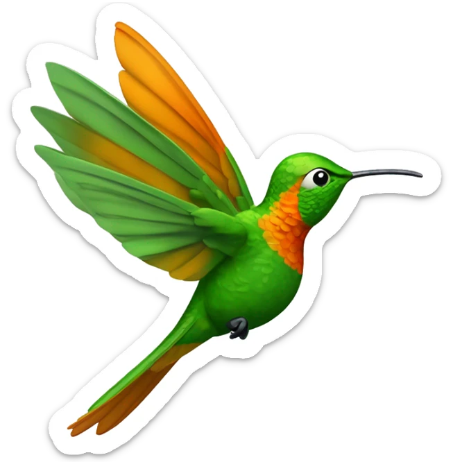 El colibrí simboliza equilibrio y movimiento, cuerpo  tonos verdes y naranjas suaves. Su expresión es amigable y sabia, con ojos grandes y cálidos que transmiten cercanía. El pico ligeramente inclinado hacia abajo refleja concentración y reflexión. sticker