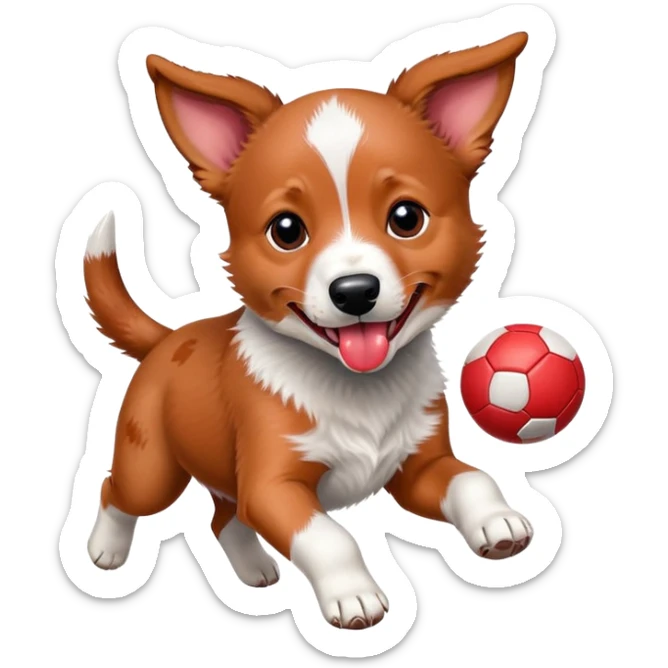 Playful red heeler puppy with tongue out, running with a ball sticker