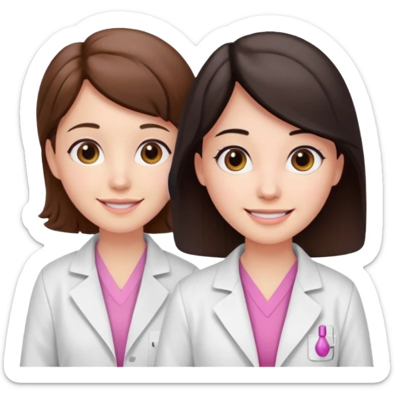 cientificas con blusa rosa y bata blanca felices, una chica con pelo marrón y otra chica con pelo negro sticker