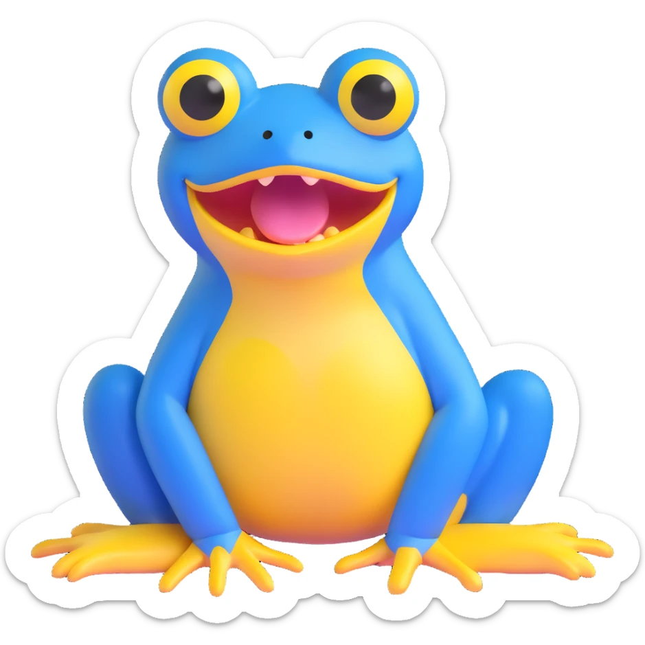 blue frog with a big yellow mouth and wide eyes, sitting, looks silly and sweet, suitable for kids, daily expression, circle time helper sticker