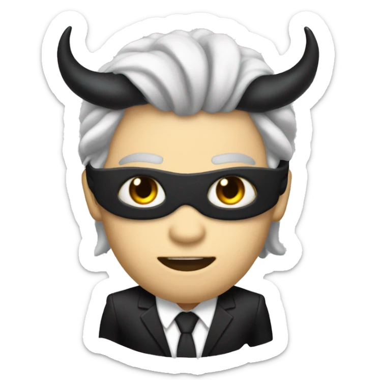 It's a male. It has white skin. It has black demon horns. It has black hair and long hair. It has a blindfold on eyes. It has sharp teeth. It is dressed in a black suit with a black tie. It is Devil. sticker