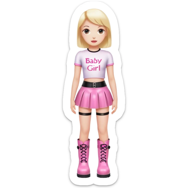 Mini latex skirt and boots and short top with pink inscription “Baby girl” sticker