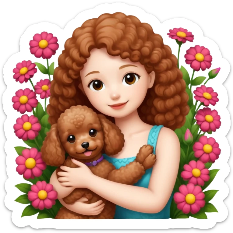 A beautiful girl happily hugs a brown toy  poodle in the flowers sticker