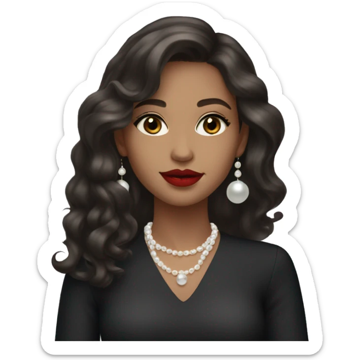 lit brunette young girl with long wavy hair, red lipstick and grey eyes, with pearl earrings and black dress  sticker